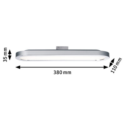 Flat silver LED ceiling light 380 mm long and 110 mm wide for modern room lighting solutions