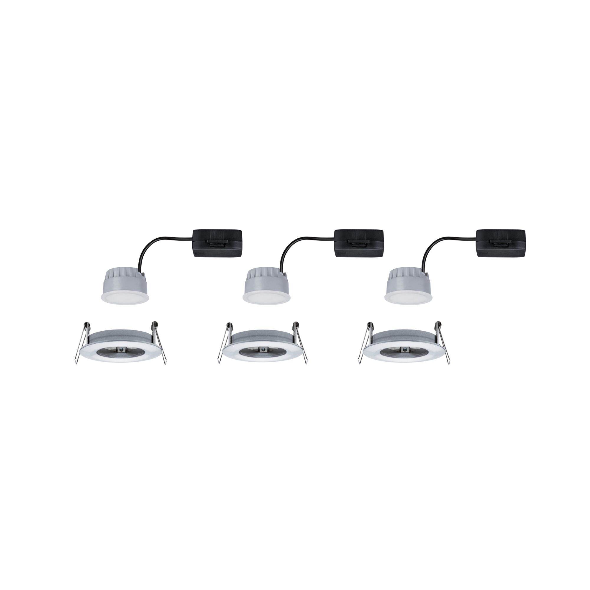 Three white LED recessed spotlights with black connector cable and spring clips for ceiling installation