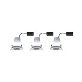 Three white LED recessed spotlights with black connector cable and spring clips for ceiling installation