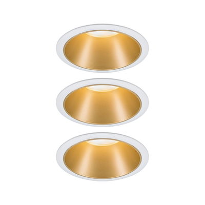 Three white recessed spotlights with gold reflector for modern LED ceiling lighting.