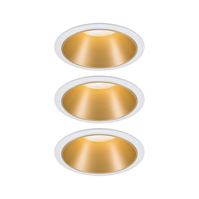 Three white recessed spotlights with gold reflector for modern LED ceiling lighting.