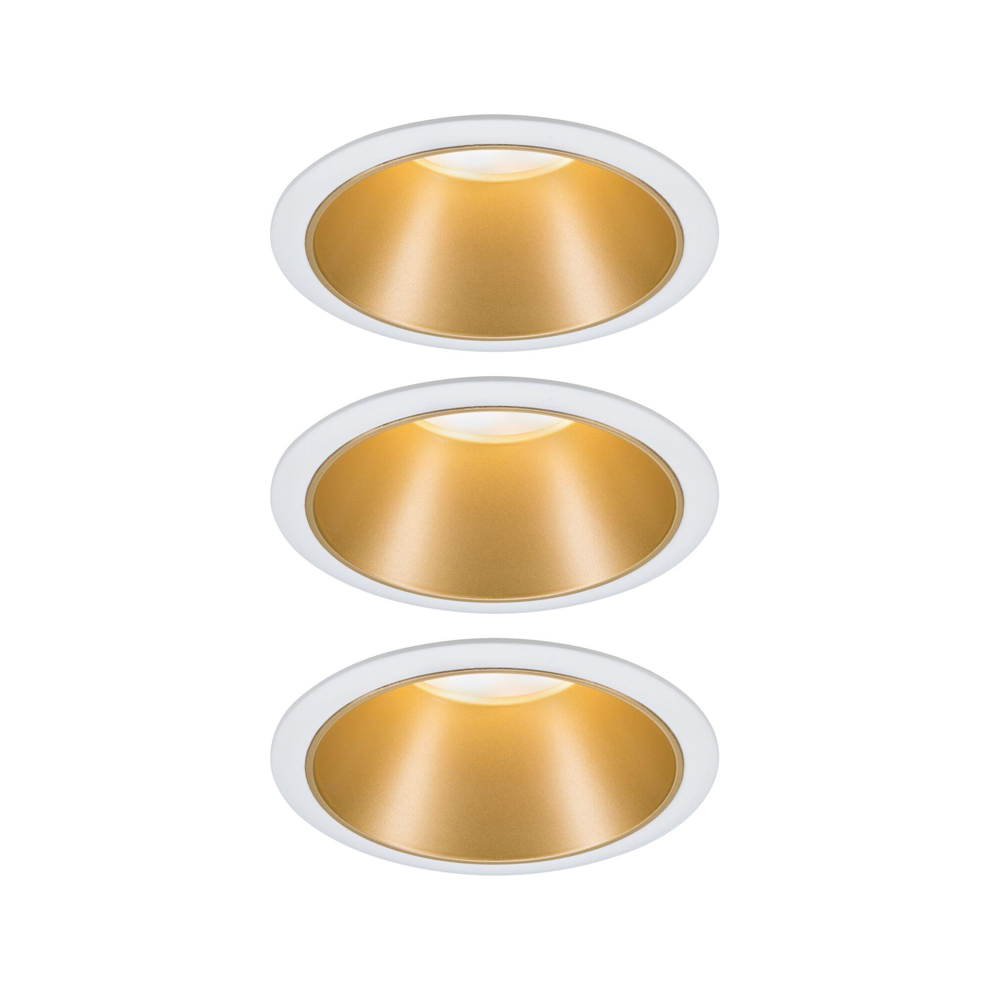 Runder Einbaustrahler mit weißem Rahmen und goldfarbenem Reflektor für moderne LED-Beleuchtung