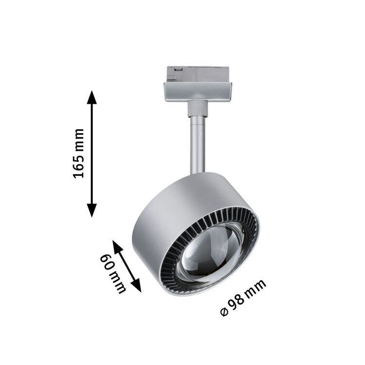 Zilverkleurige metalen LED-spot van 165 mm hoog en 98 mm diameter voor railsystemen.