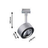 Zilverkleurige metalen LED-spot van 165 mm hoog en 98 mm diameter voor railsystemen.