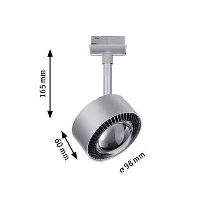 Zilverkleurige metalen LED-spot van 165 mm hoog en 98 mm diameter voor railsystemen.