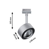 Silberner LED-Strahler aus Metall mit 165 mm Höhe und 98 mm Durchmesser für Schienensysteme.