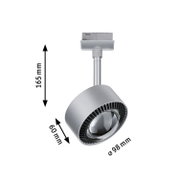 Silberner LED-Strahler aus Metall mit 165 mm Höhe und 98 mm Durchmesser für Schienensysteme.