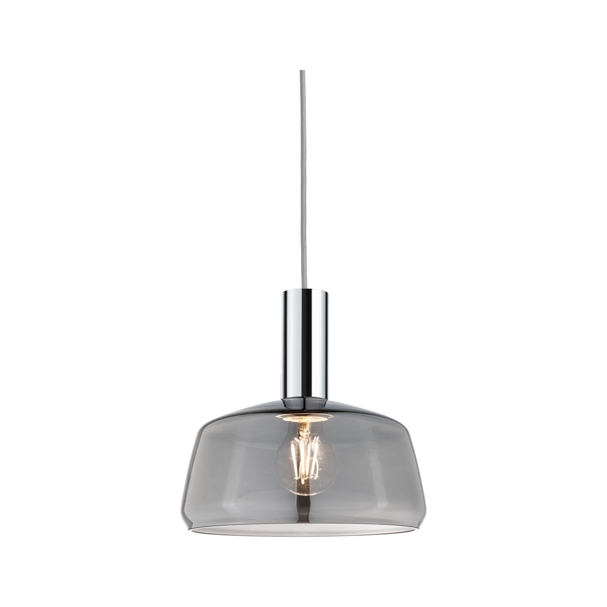 Moderne Pendelleuchte mit rauchgrauem Glas und Chromfassung für stilvolle Raumbeleuchtung