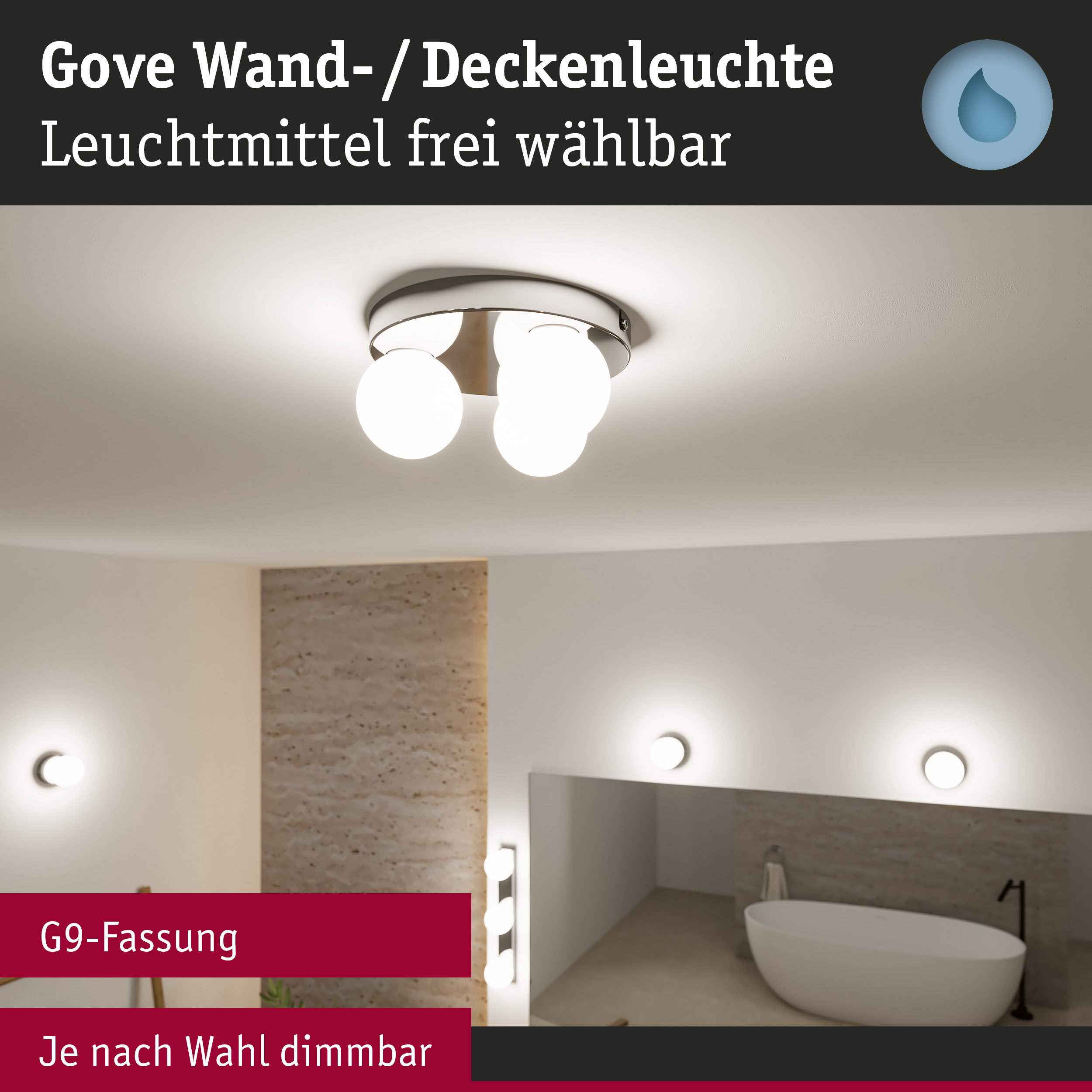 Gove Deckenleuchte mit drei weißen Glaskugeln und Chromfassung, dimmbar mit G9-Fassung für Badbeleuchtung