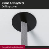 Black metal ceiling cover for ULine belt system, neatly conceals installation hole in ceiling