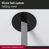 Black metal ceiling cover for ULine belt system, neatly conceals installation hole in ceiling