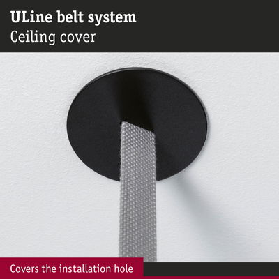 Black metal ceiling cover for ULine belt system, neatly conceals installation hole in ceiling