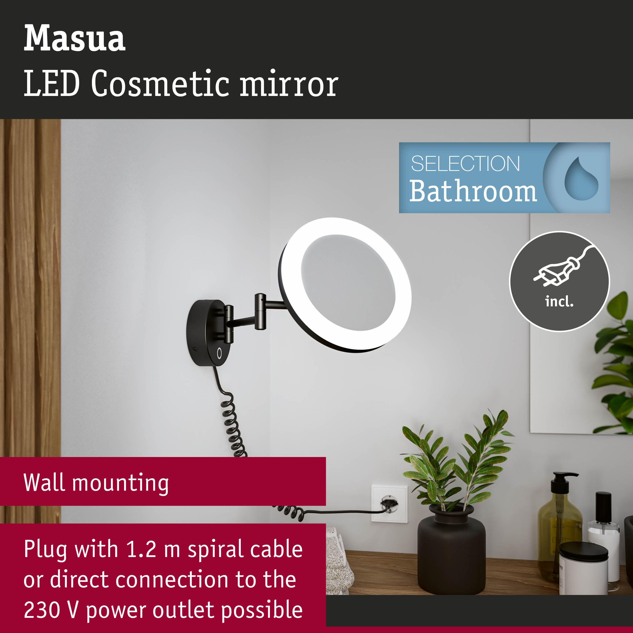 Masua black LED cosmetic mirror with wall mount and spiral cable for bathroom lighting