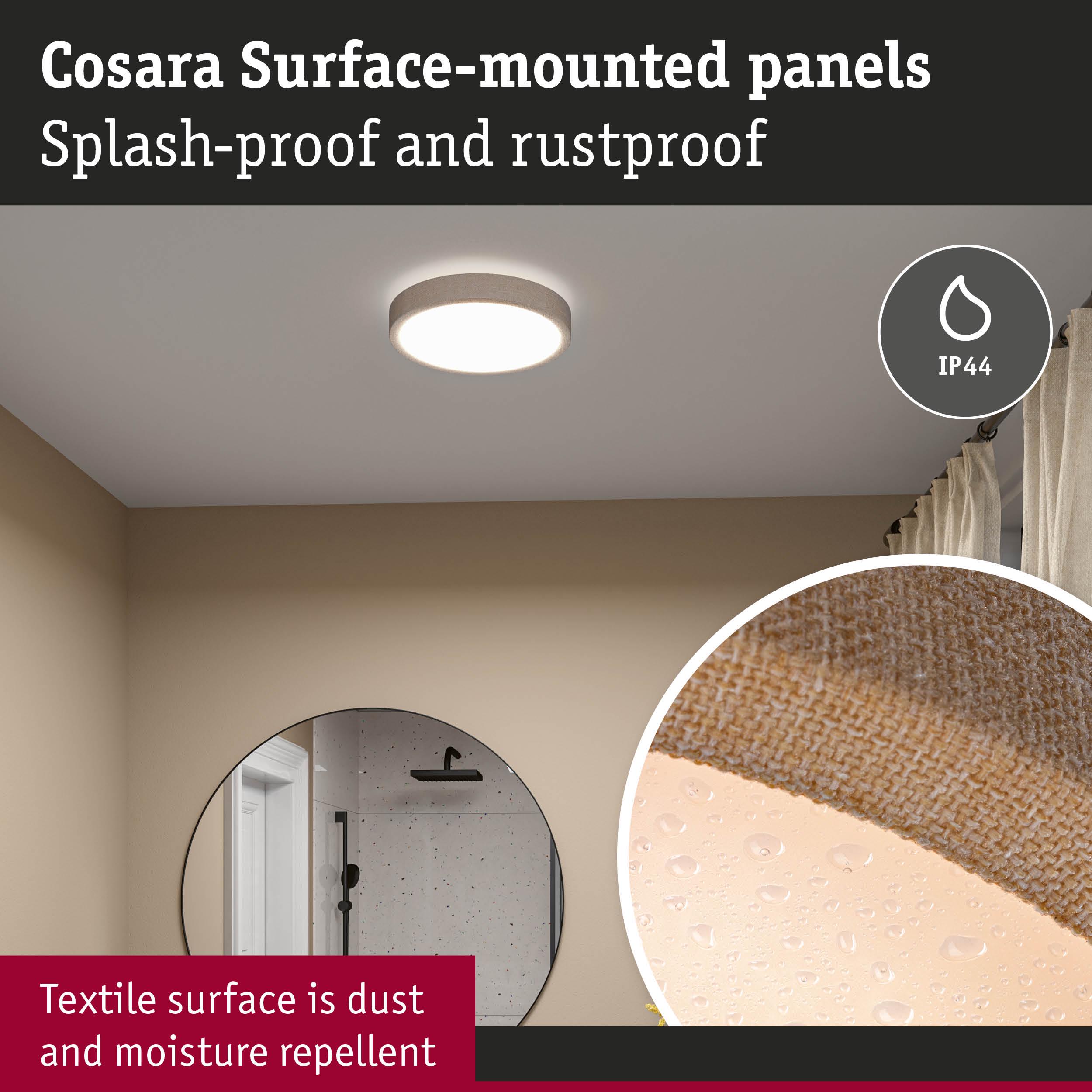 Cosara ceiling light with beige textile surface, dust and moisture repellent, splash-proof IP44 rated panel