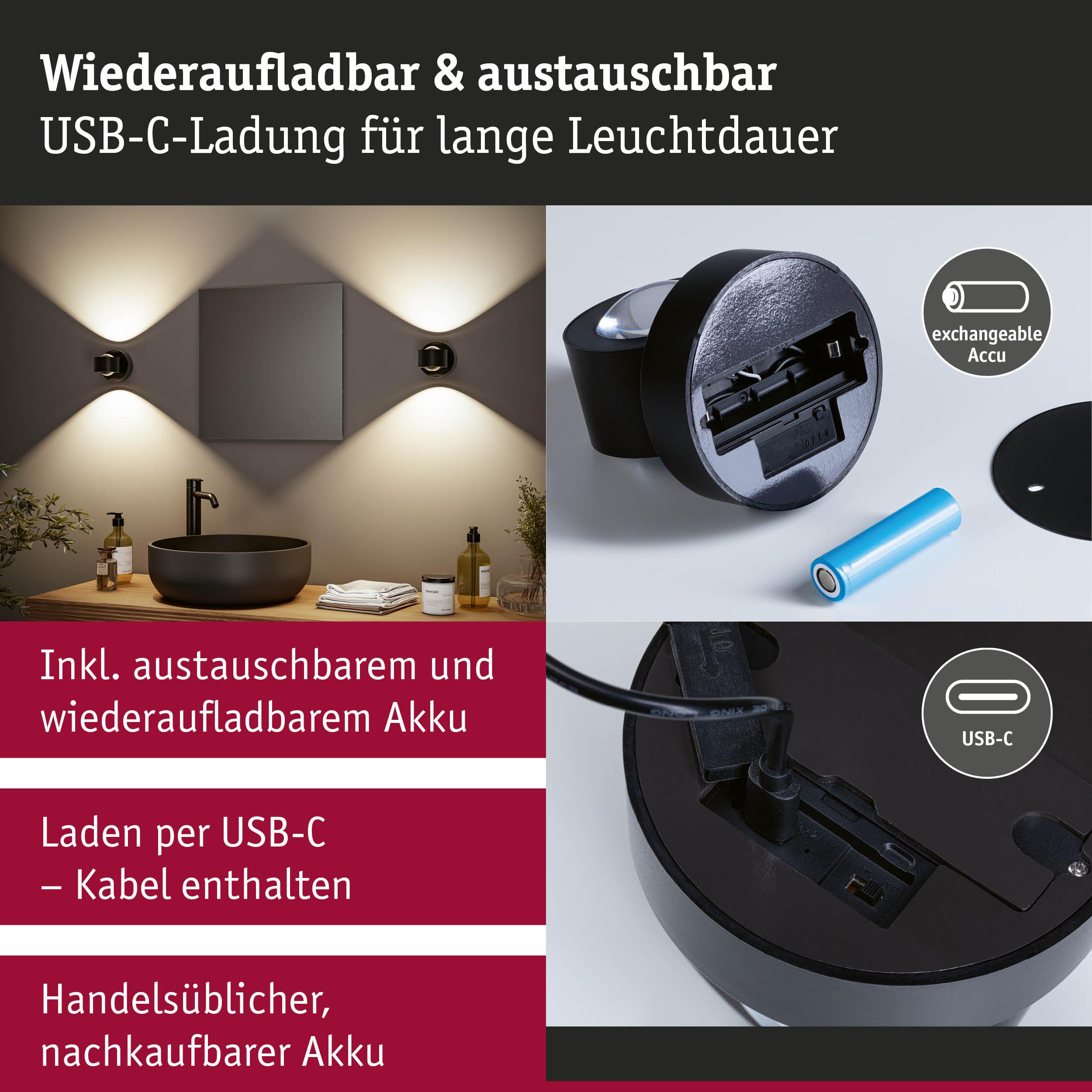 Wiederaufladbare schwarze Wandlampe mit austauschbarem Akku und USB-C-Ladekabel für langanhaltendes Licht