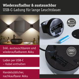 Wiederaufladbare schwarze Wandlampe mit austauschbarem Akku und USB-C-Ladekabel für langanhaltendes Licht