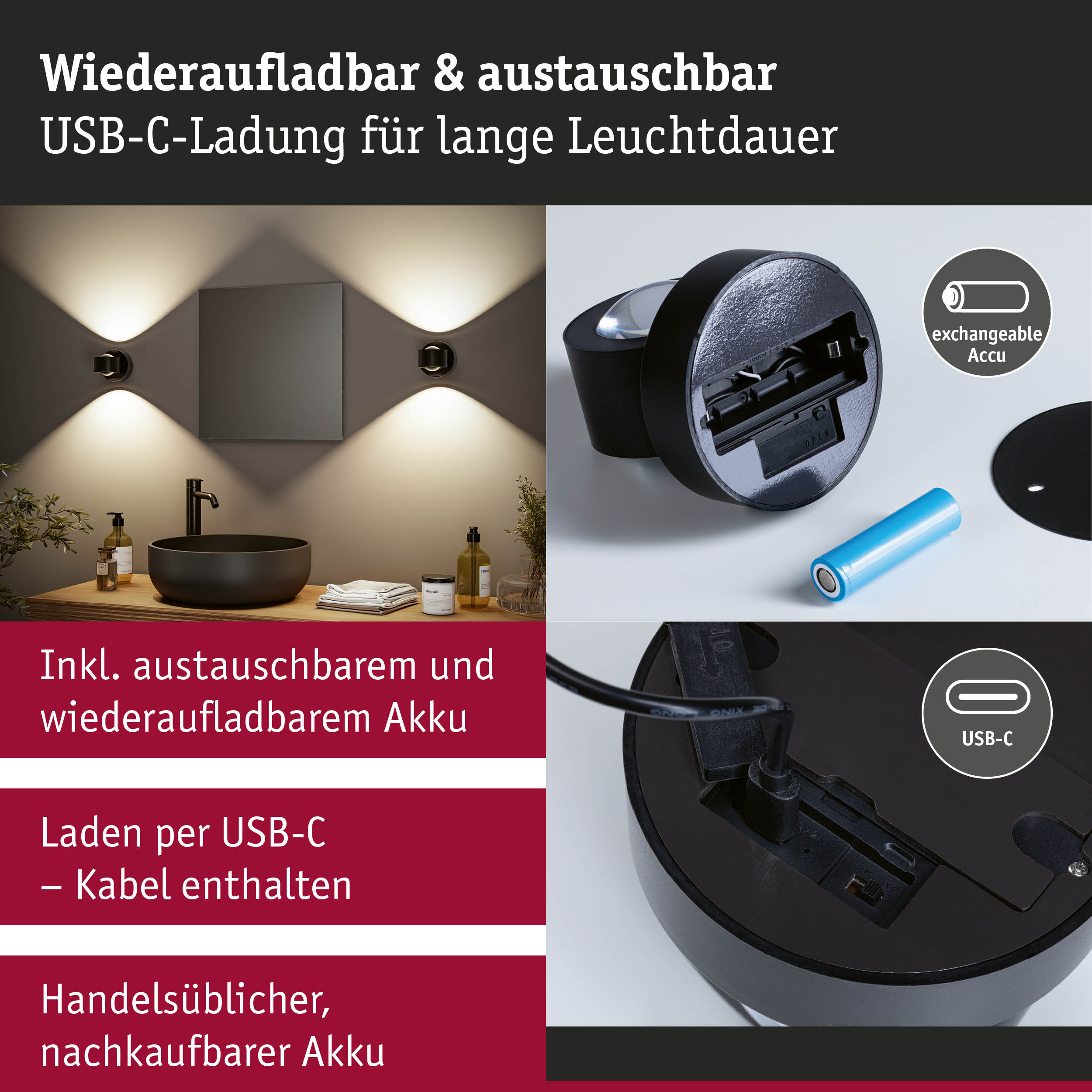Schwarze Wandlampe mit austauschbarem Akku und USB-C-Ladung für lange Leuchtdauer im Badezimmer