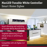 Modern white kitchen with indirect LED lighting and smart MaxLED Tunable White Controller for home
