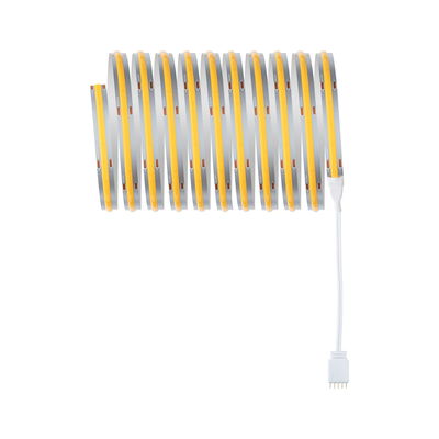 Flexibler LED-Streifen mit warmweißem Licht und weißem Anschlusskabel für vielseitige Beleuchtung.