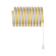 Flexible LED strip with warm white light and white connector cable for versatile lighting solutions.