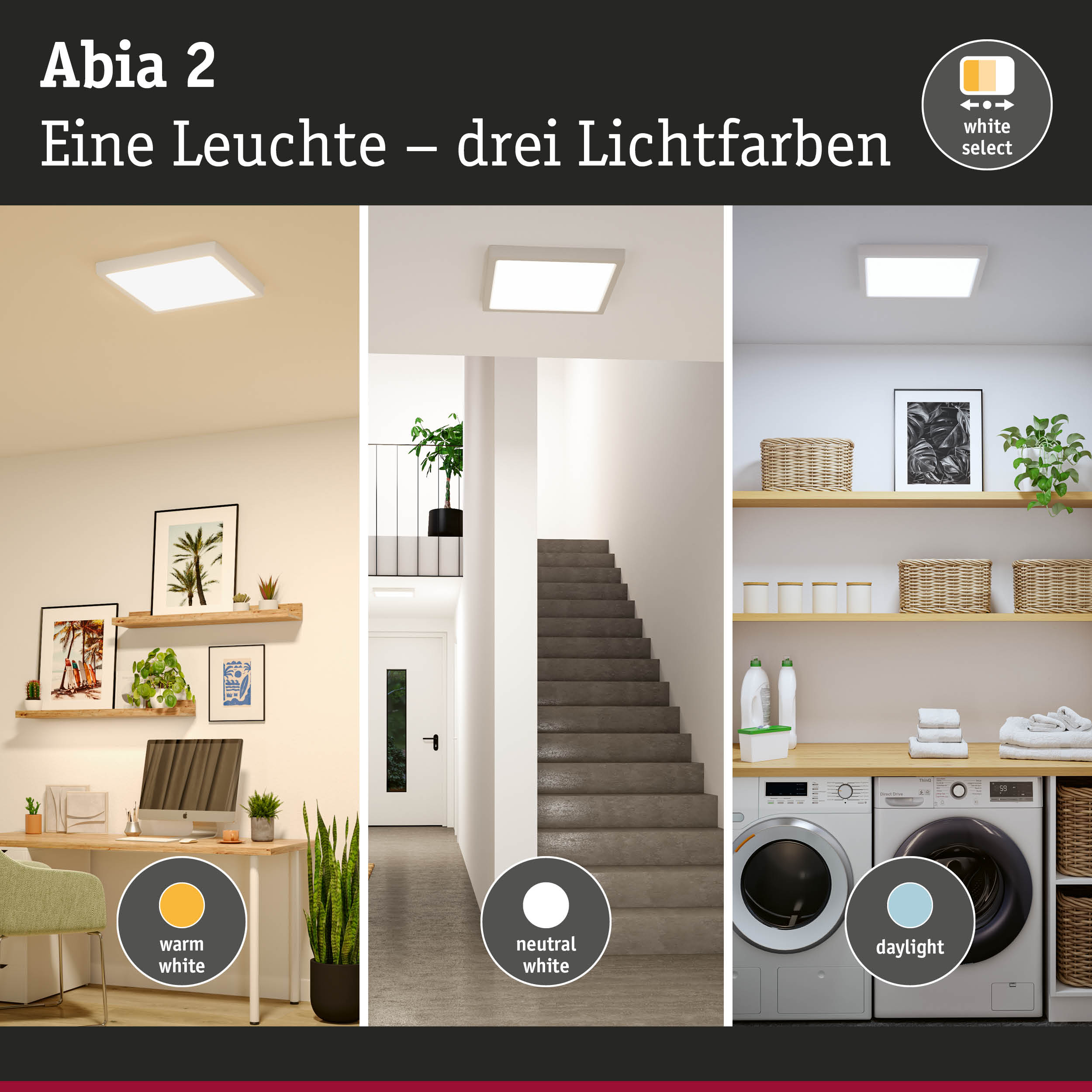 Abia 2 LED-Deckenleuchte in Weiß mit drei Lichtfarben: warmweiß, neutralweiß, tageslicht für Wohnräume