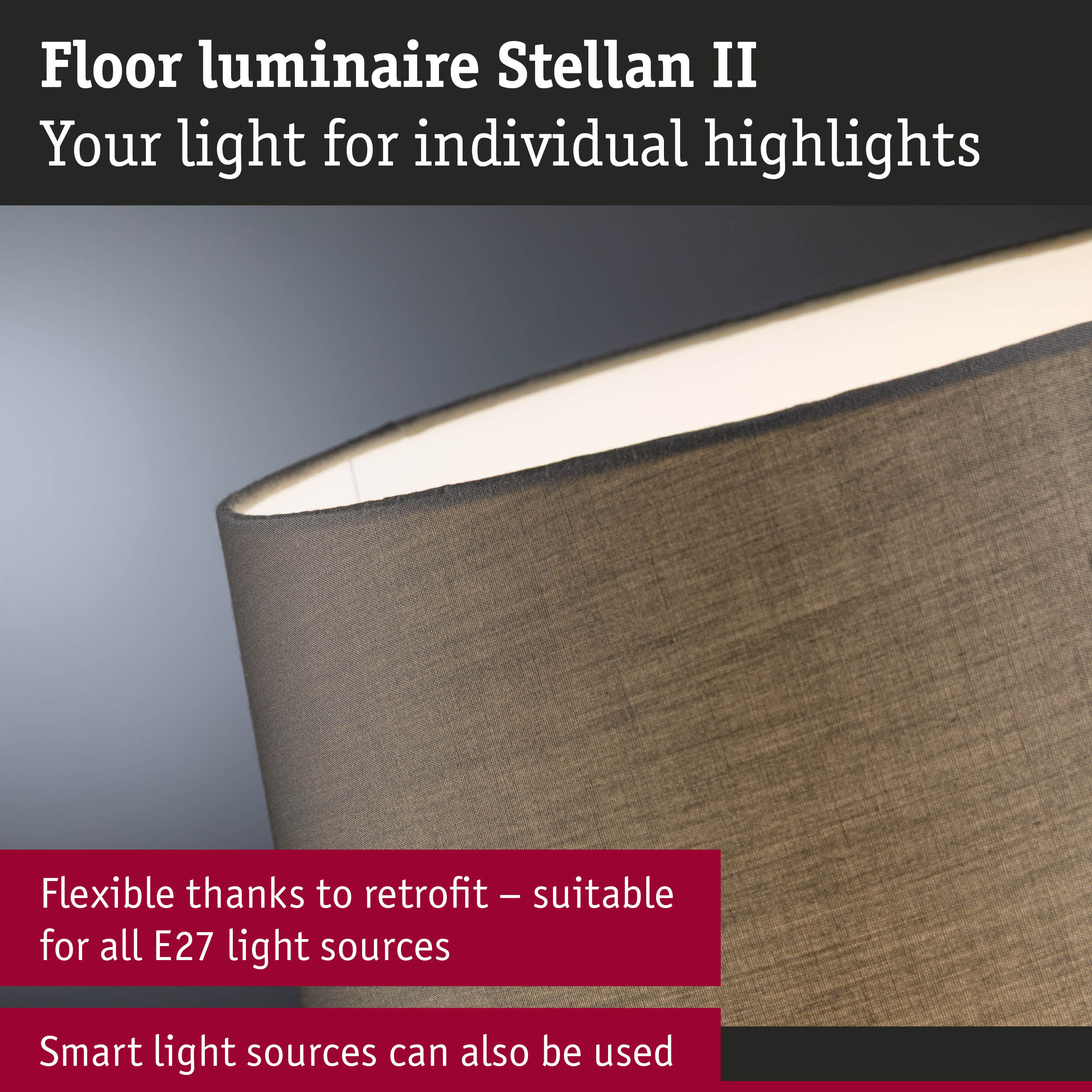 Stellan II floor lamp with brown fabric shade and E27 socket for flexible lighting options
