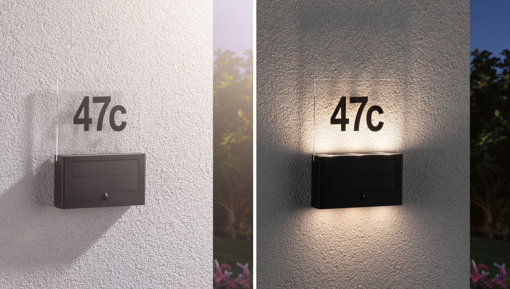 Schwarze LED-Hausnummernleuchte mit Plexiglas und Solarzelle, beleuchtet Hausnummer 47c an weißer Wand