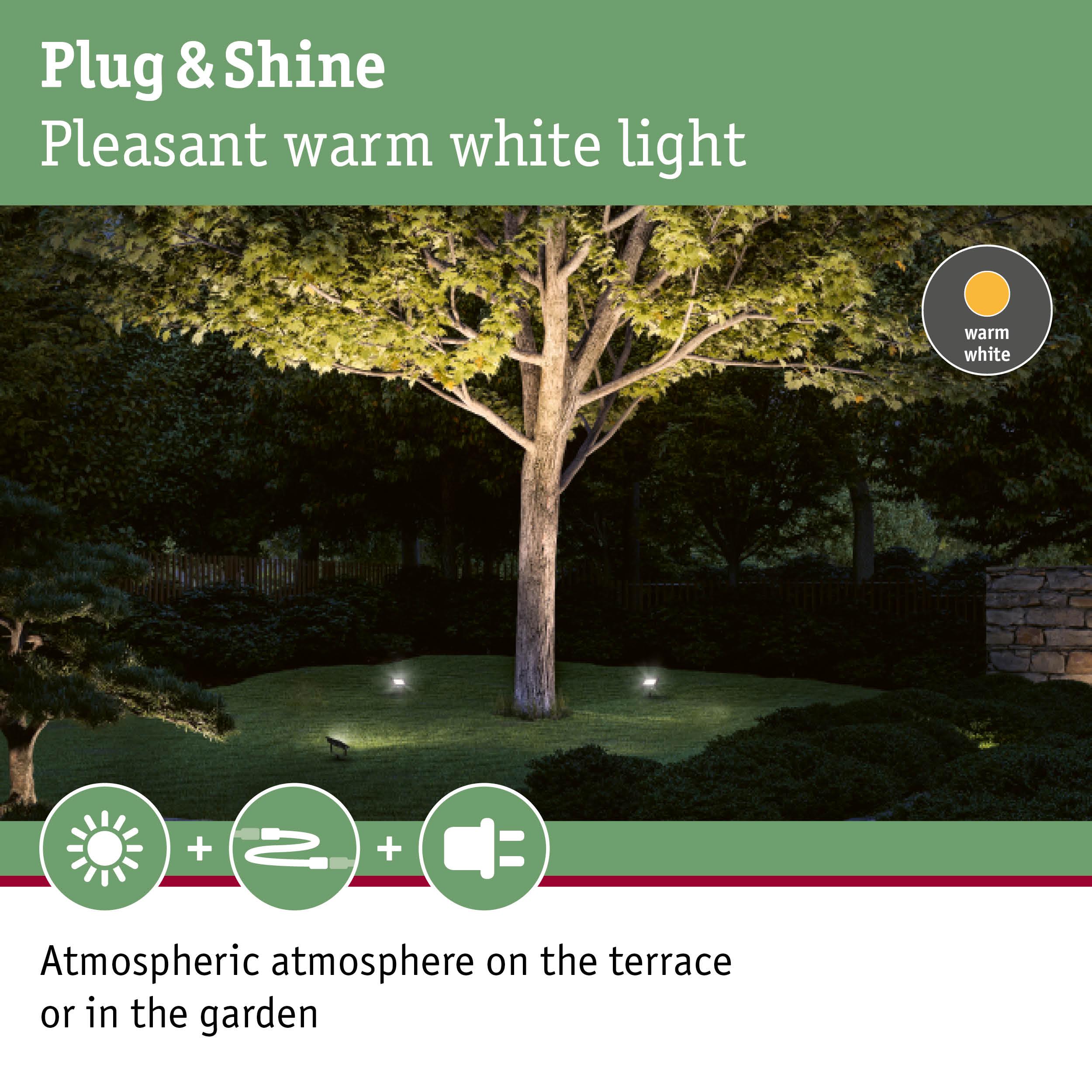 Warm white garden light with Plug & Shine system illuminating tree and lawn for atmospheric terrace.
