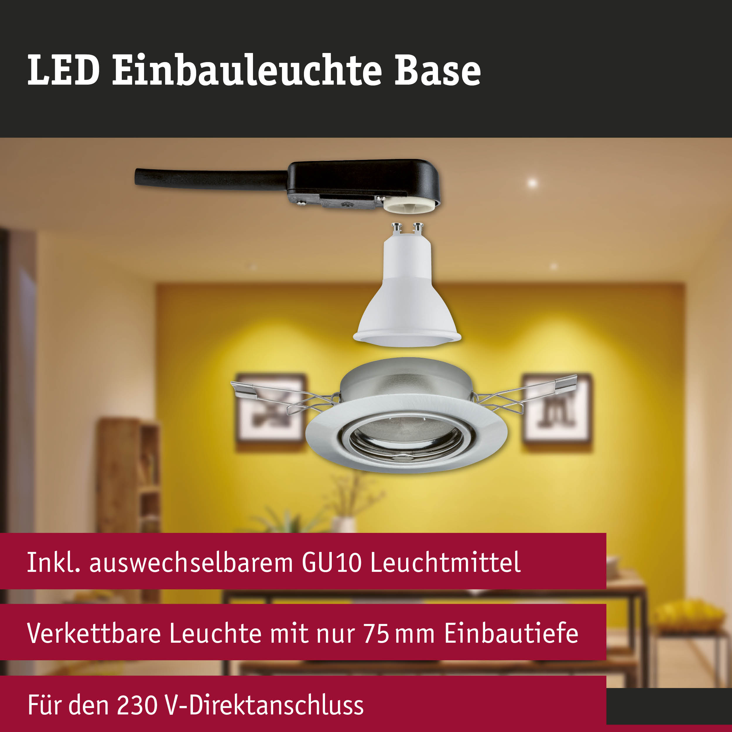 Weiße LED Einbauleuchte Base mit GU10 Leuchtmittel und schwarzem Anschlusskabel für 230 V