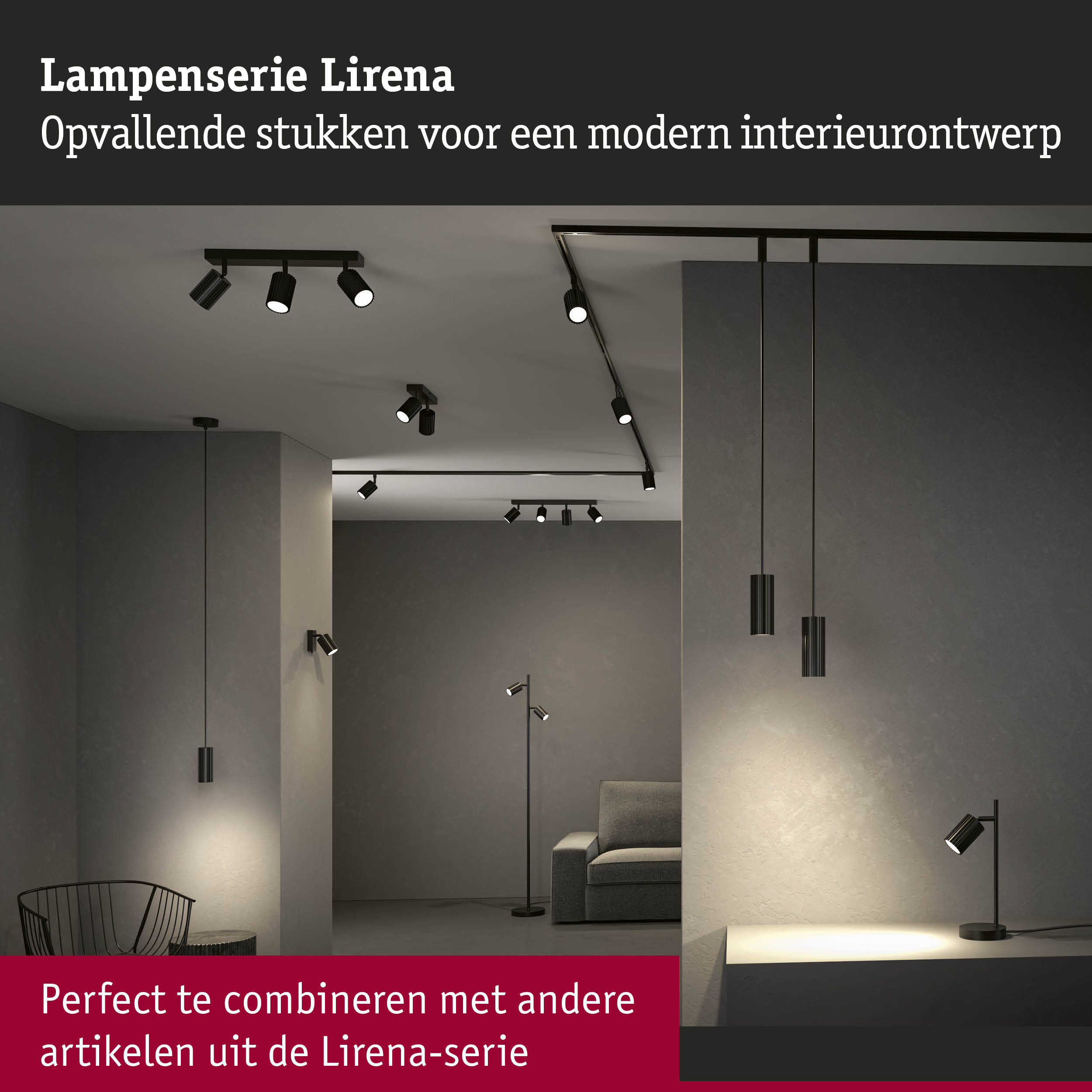 Moderne zwarte Lirena-serie plafond- en vloerlampen voor stijlvolle binnenverlichting