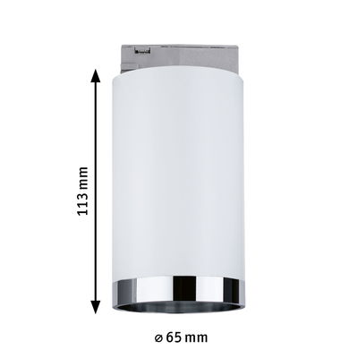 White metal LED ceiling spotlight with chrome trim, 113 mm height and 65 mm diameter, modern lighting fixture