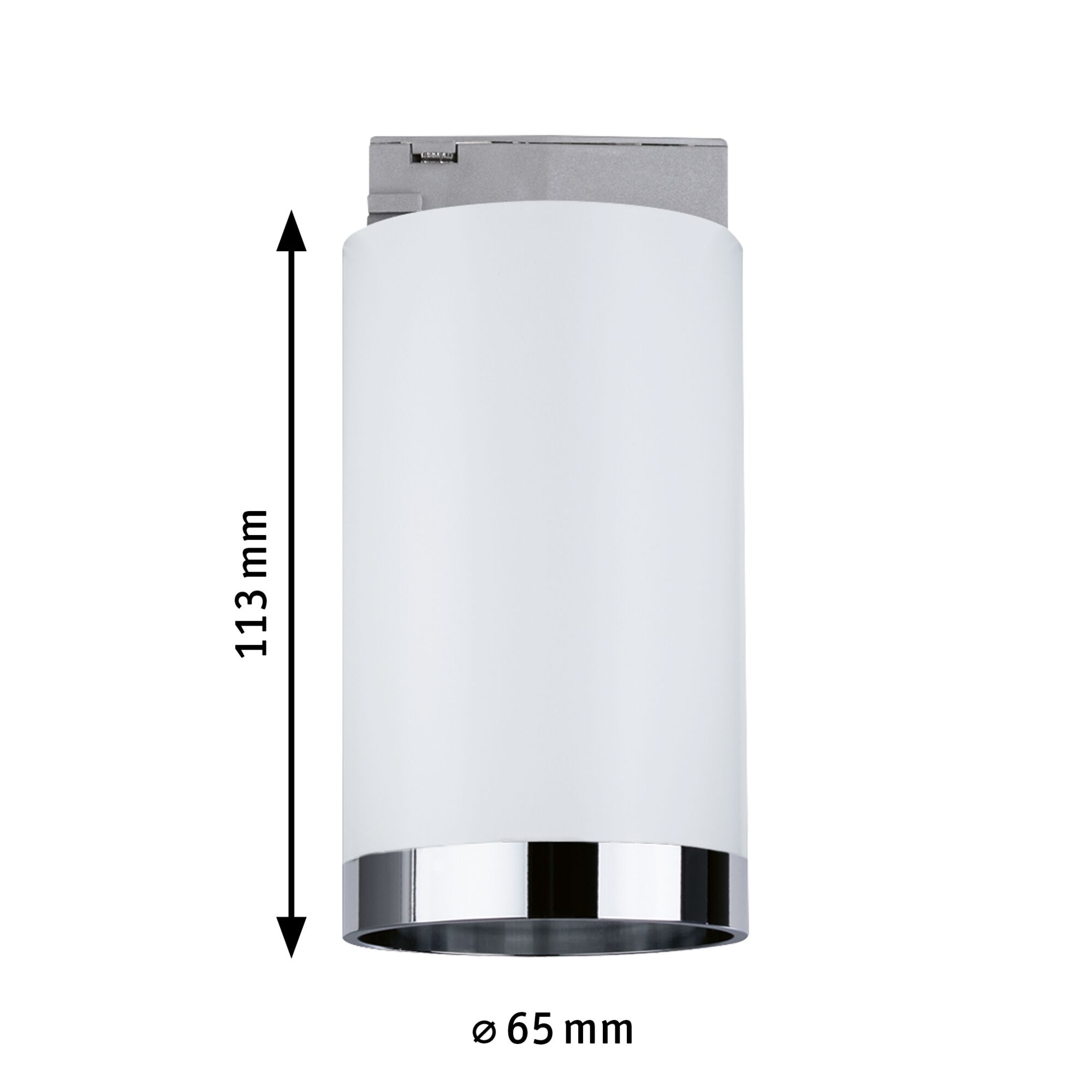 Hvid metal LED-loftspot med kromkant, 113 mm høj og 65 mm i diameter, moderne belysning