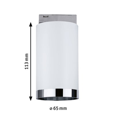 Hvid metal LED-loftspot med kromkant, 113 mm høj og 65 mm i diameter, moderne belysning