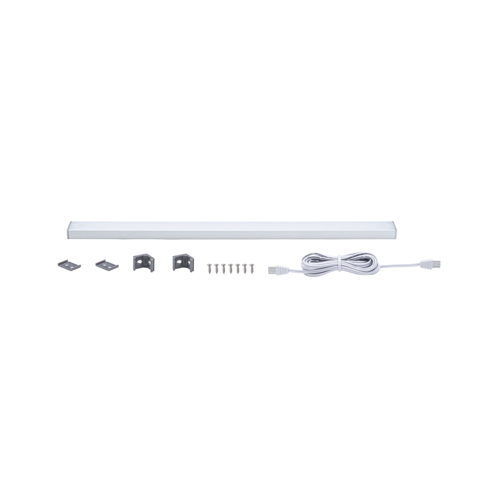 White LED under-cabinet light with mounting clips, screws, and connection cable for versatile lighting.