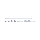 White LED under-cabinet light with mounting clips, screws, and connection cable for versatile lighting.