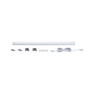 White LED under-cabinet light with mounting clips, screws, and connection cable for versatile lighting.