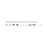 Witte LED-onderbouwlamp met montagematerialen en aansluitkabel voor veelzijdige verlichting.