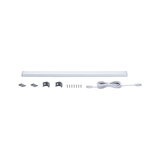 White LED under-cabinet light with mounting clips, screws, and connection cable for versatile lighting.