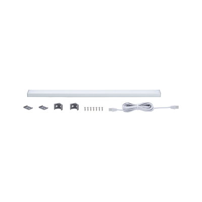 White LED under-cabinet light with mounting clips, screws, and connection cable for versatile lighting.