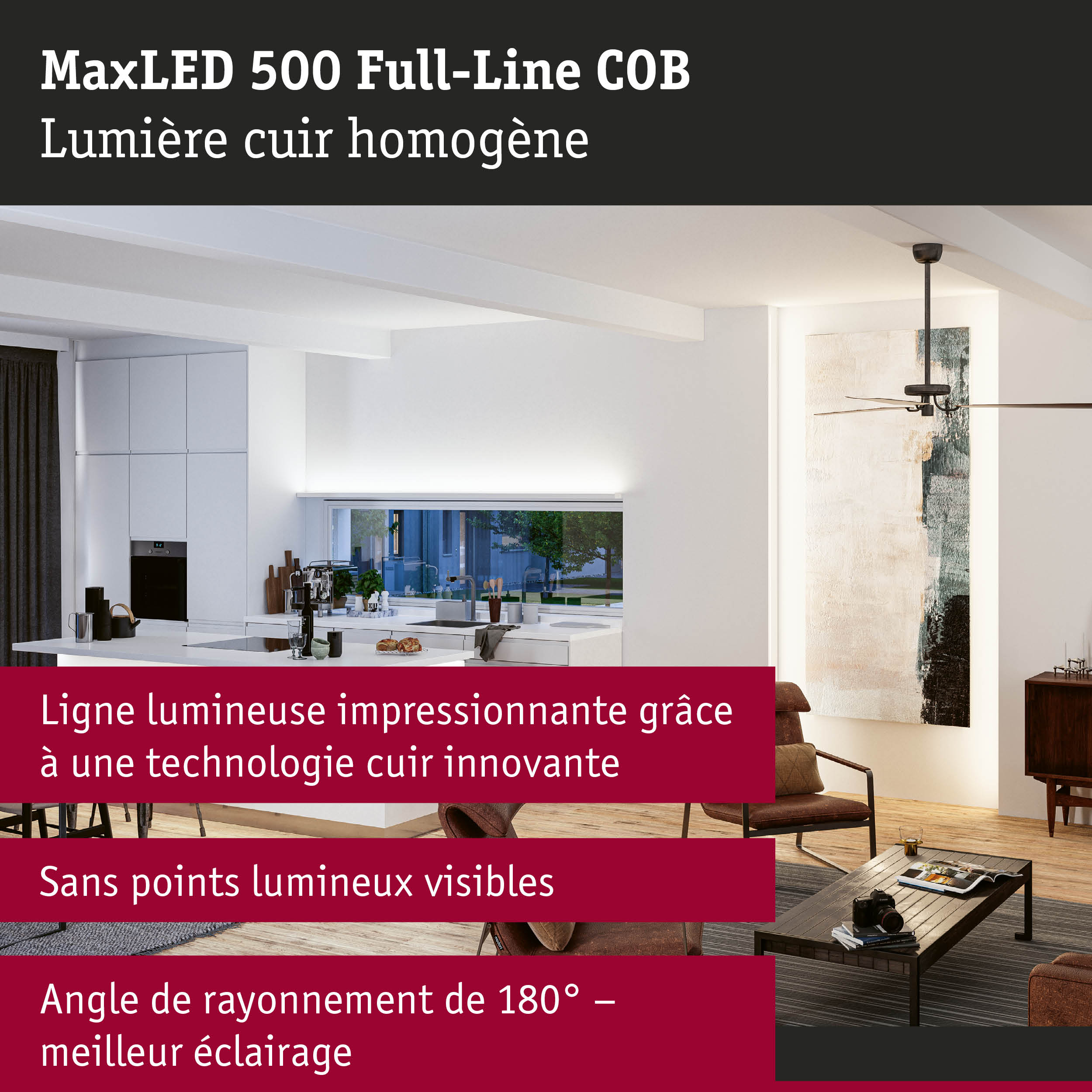Espace de vie moderne ouvert avec cuisine blanche et fauteuils en cuir marron dans le salon