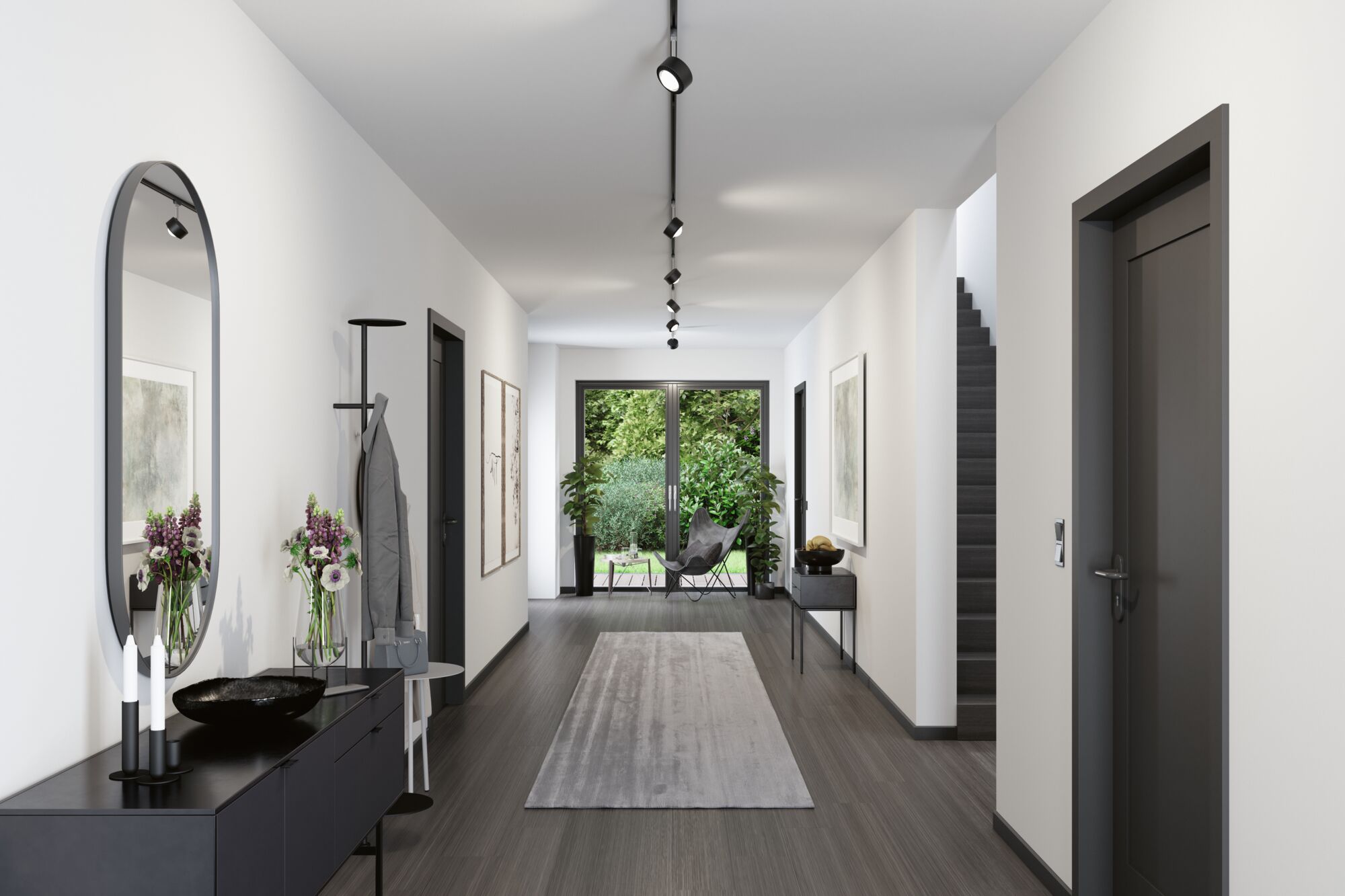 Moderne gang med sort LED-skinnebelysning, gråt gulv og minimalistiske møbler.