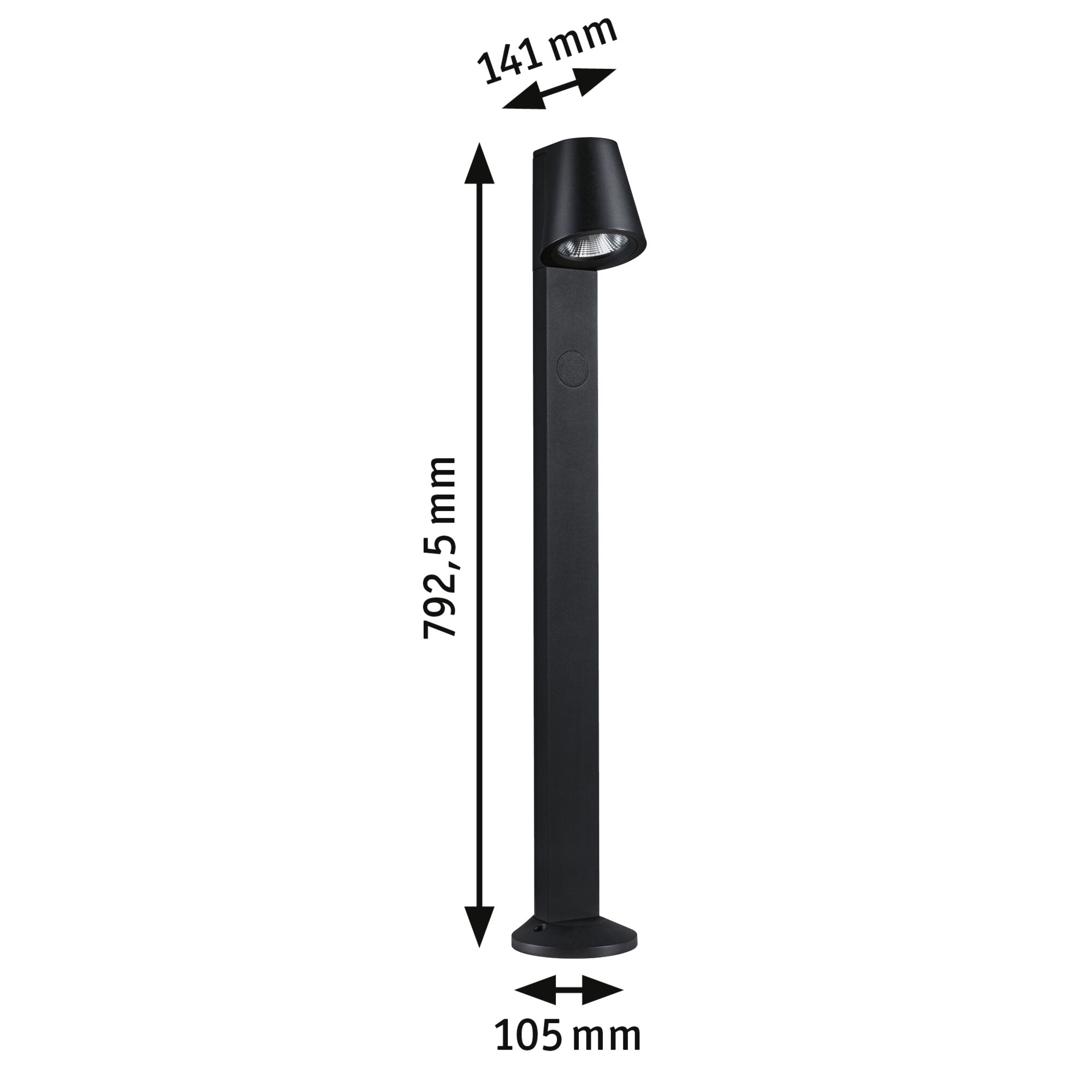 Black aluminum outdoor light with adjustable head, dimensions 792.5x141x105 mm, modern garden lighting