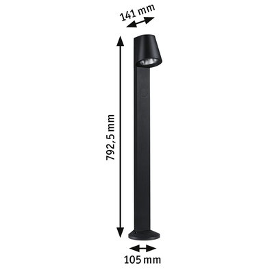 Black aluminum outdoor light with adjustable head, dimensions 792.5x141x105 mm, modern garden lighting