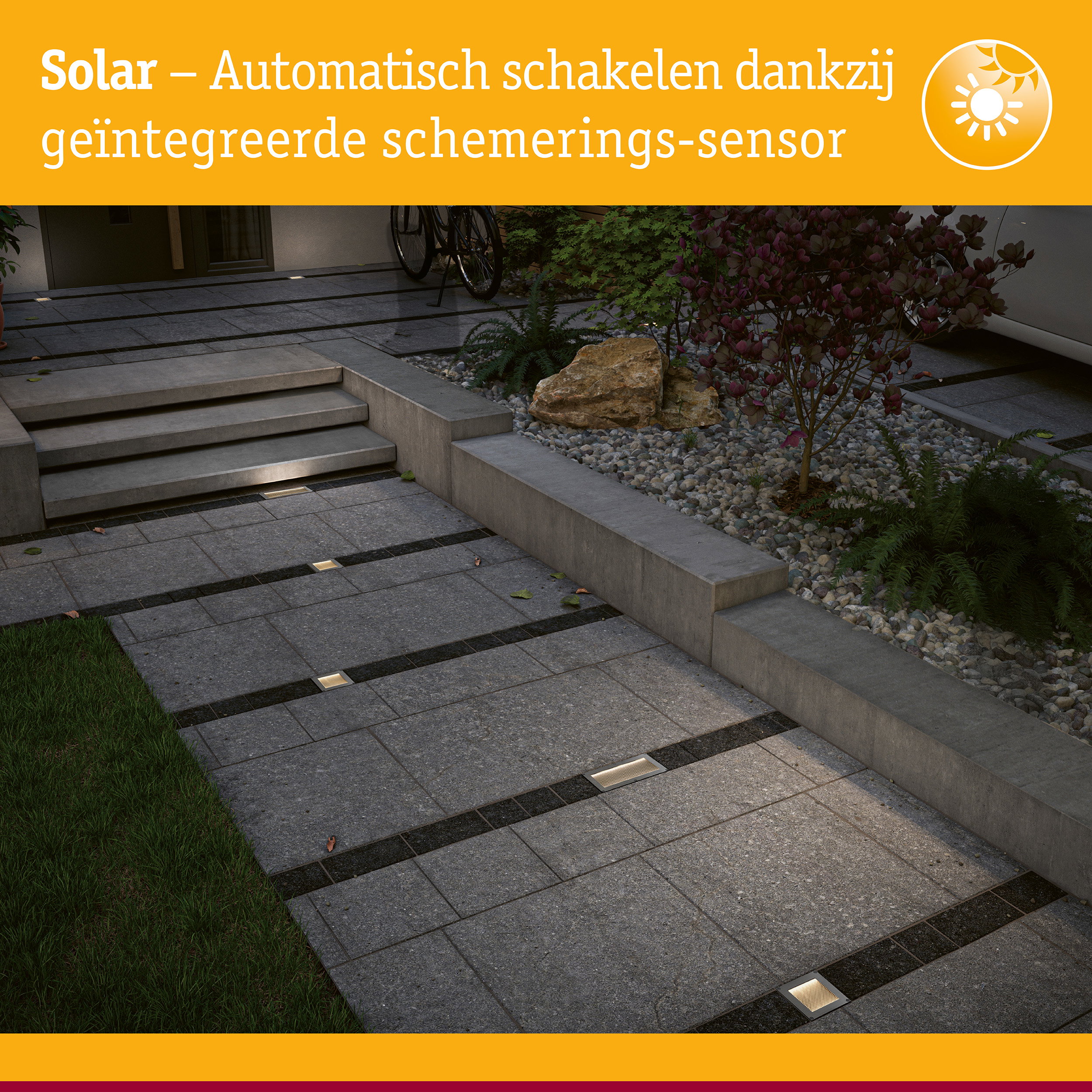 Solar LED-grondinbouwlamp Sorea Schemerings-sensor IP67 hoekig 100x100mm 3000K 0,1W 6lm 3,7V Staal geborsteld ABS/Polycarbonaat/edelstaal