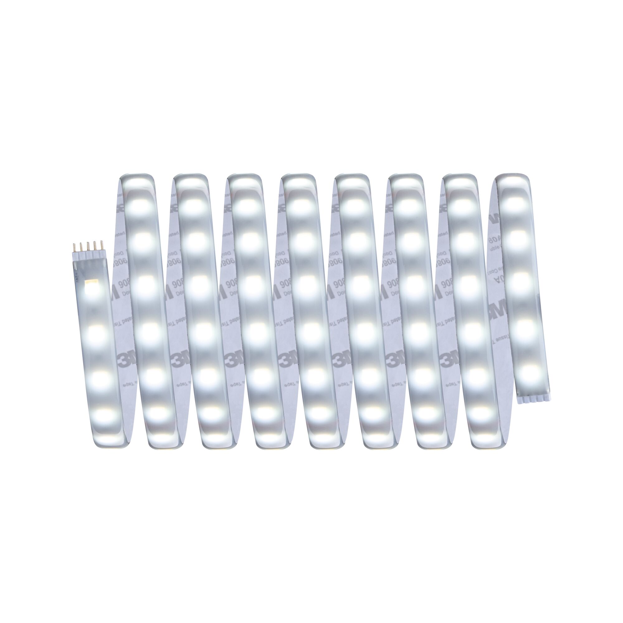 Flexible LED strip light with warm white glow and adhesive backing for versatile lighting solutions.