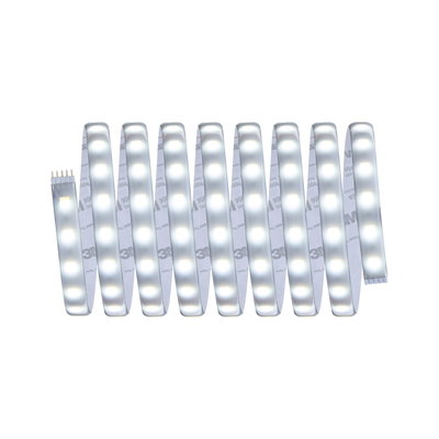Flexible LED strip light with warm white glow and adhesive backing for versatile lighting solutions.