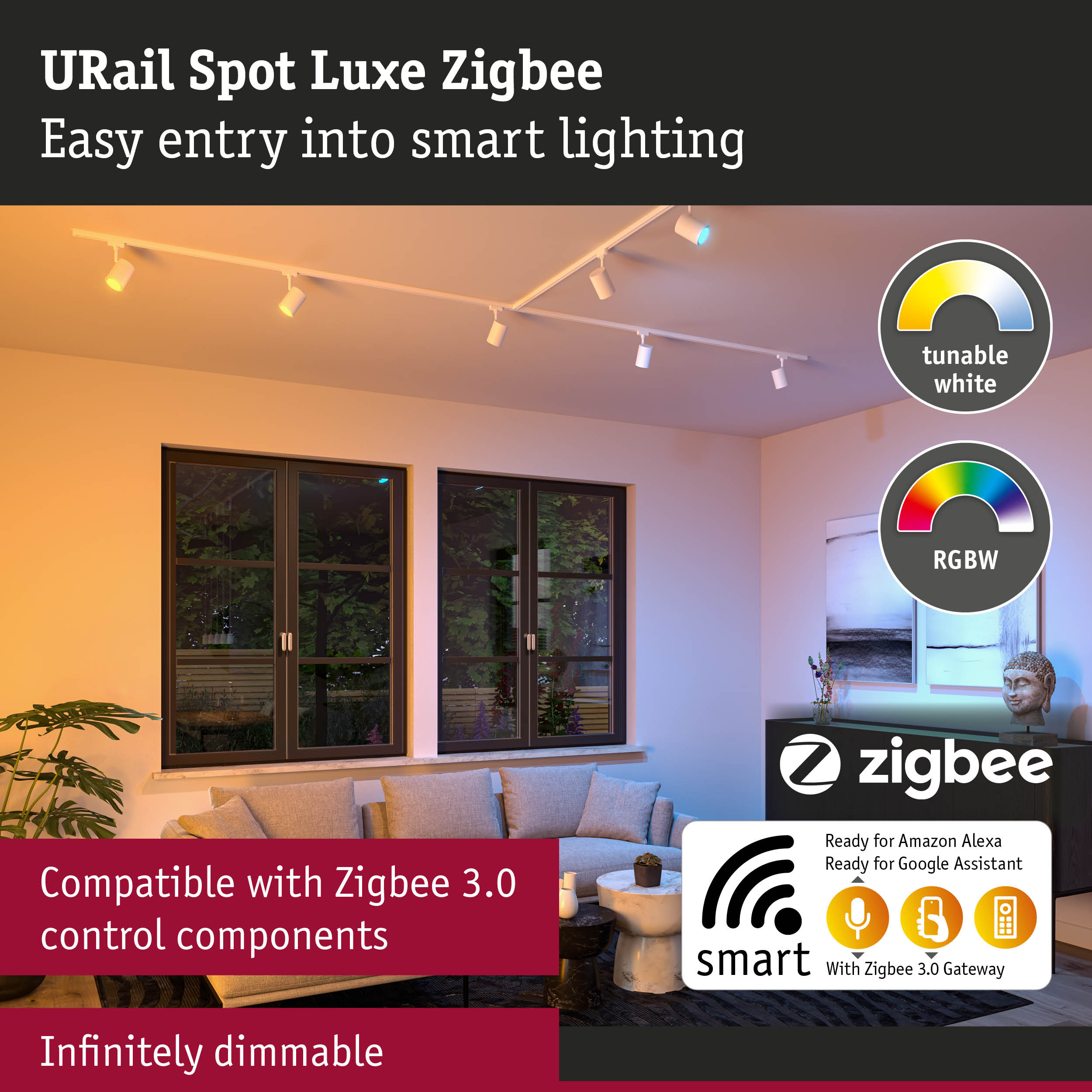 URail Spot Luxe Zigbee white track spotlights with dimmable smart lighting in living room