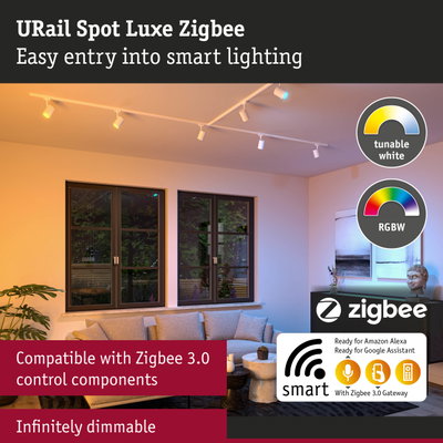 URail Spot Luxe Zigbee white track spotlights with dimmable smart lighting in living room
