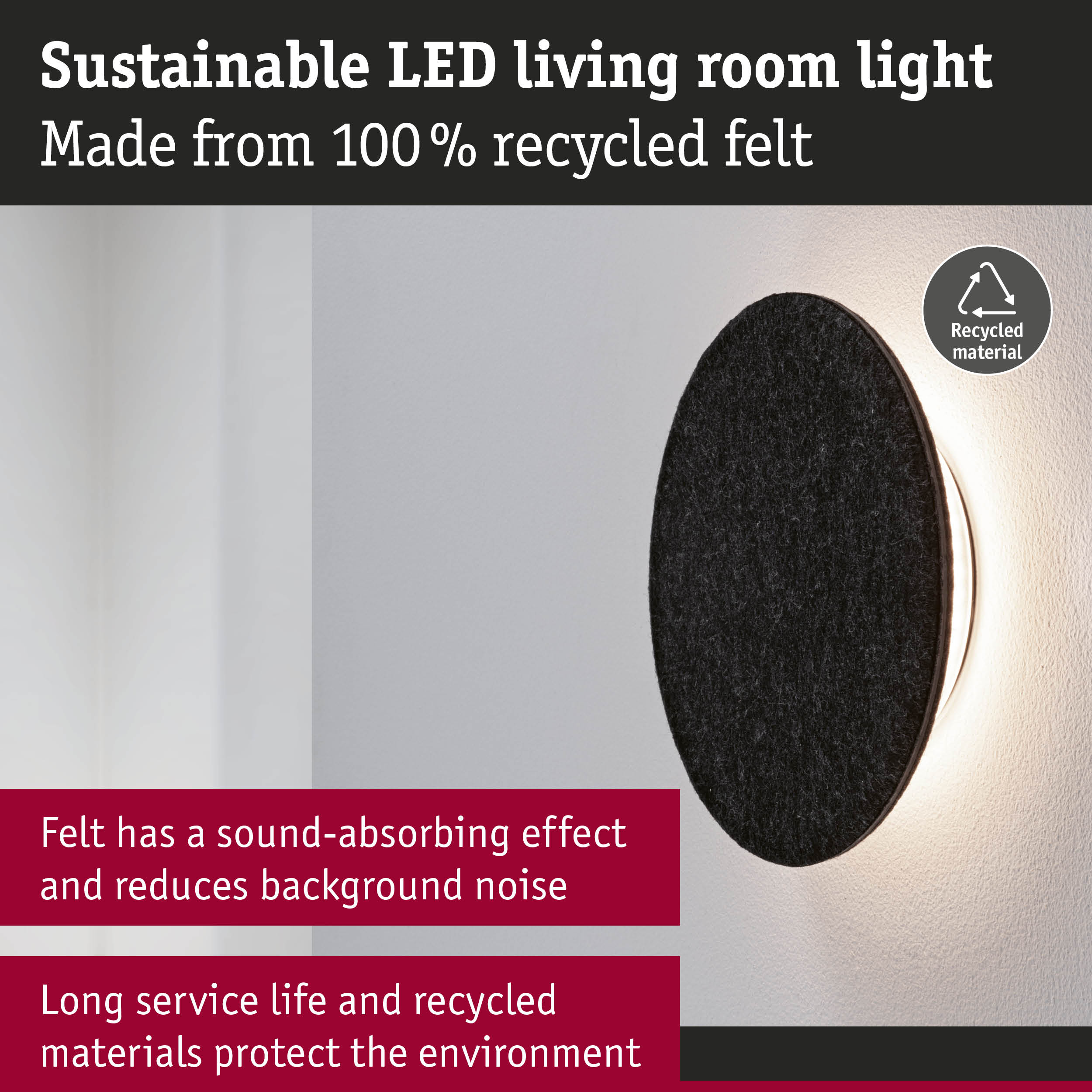 Sustainable black felt LED wall light made from 100% recycled material with sound-absorbing effect