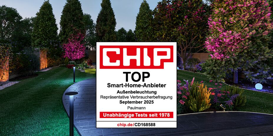 CHIP keurmerk voor top smart home buitenverlichting van Paulmann in een tuin 's nachts